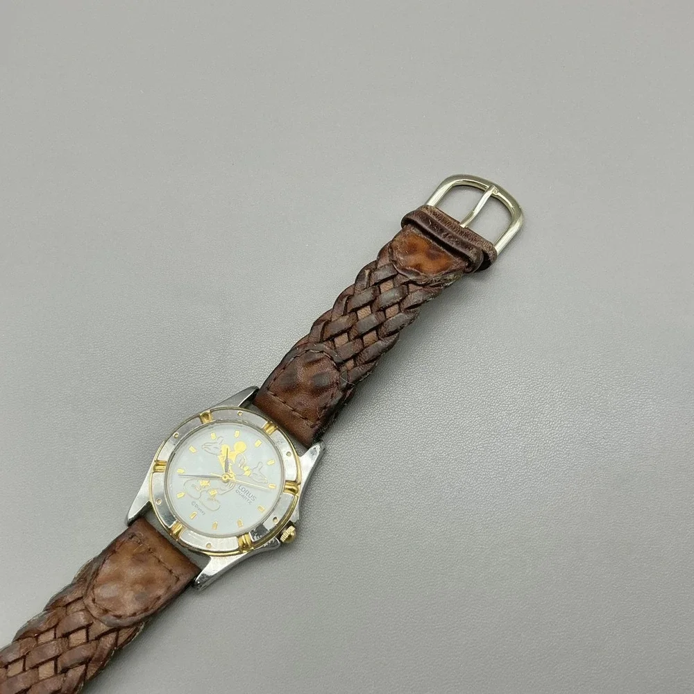 Vintage Lorus Womens Watch White Dial Brown Braided Leather Mickey Mouse Quartz
